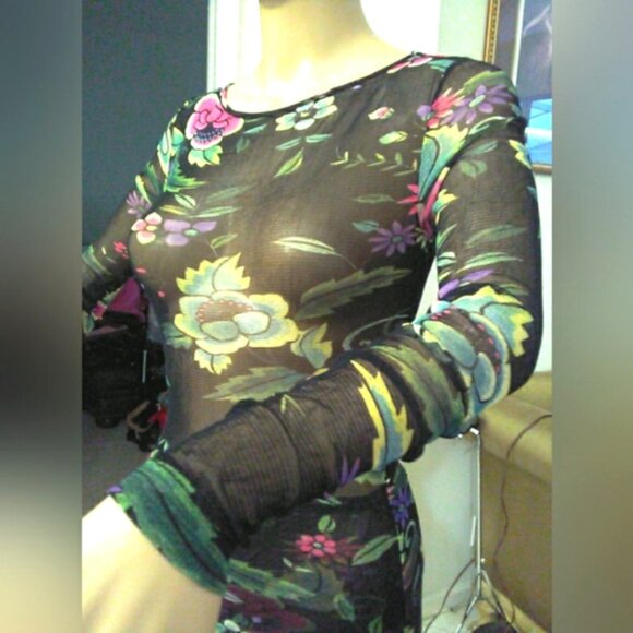 NWT Cache Sheer Black Floral Long Sleeve Dress BODYCON SHEER MESH SZ. XS SEXY! - Picture 3 of 13
